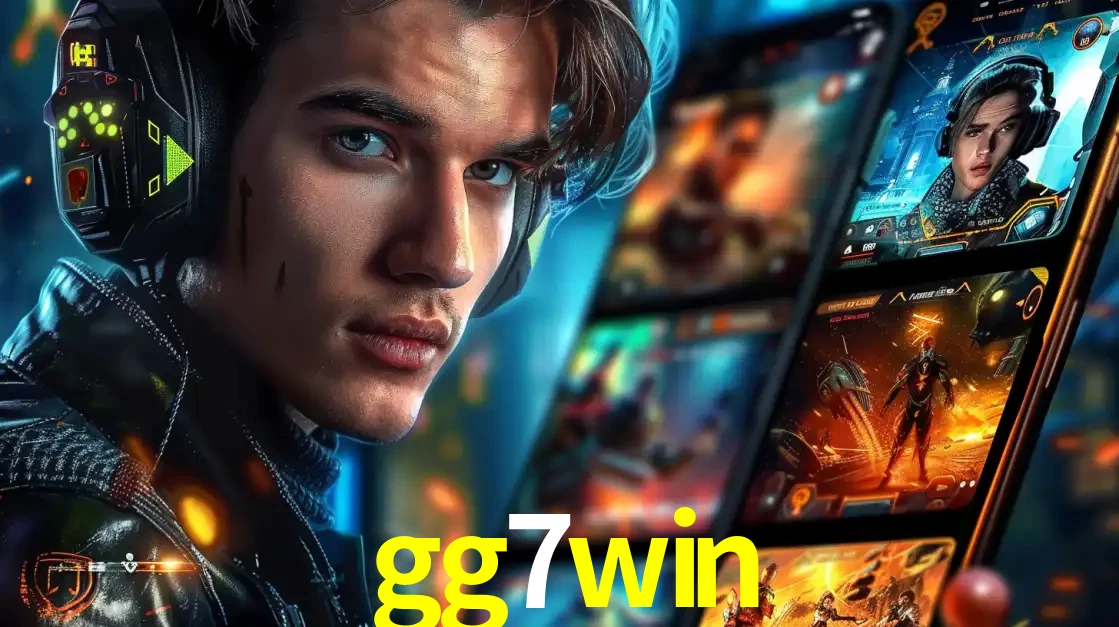 Jovem jogador com fones de ouvido olhando para a câmera, com um aplicativo de jogos e e-sports para celular ao fundo, pronto para a competição e apostas no gg7win.