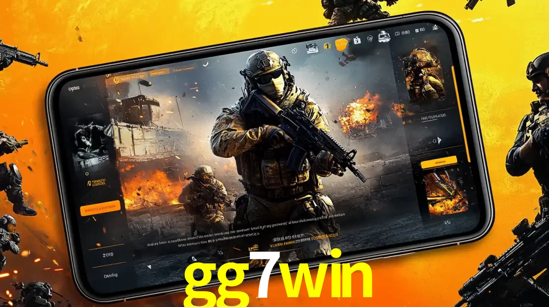 Um smartphone exibindo a interface de um jogo de tiro em primeira pessoa, com um soldado em um cenário de batalha, representando a ação dos e-sports para apostar no gg7win.