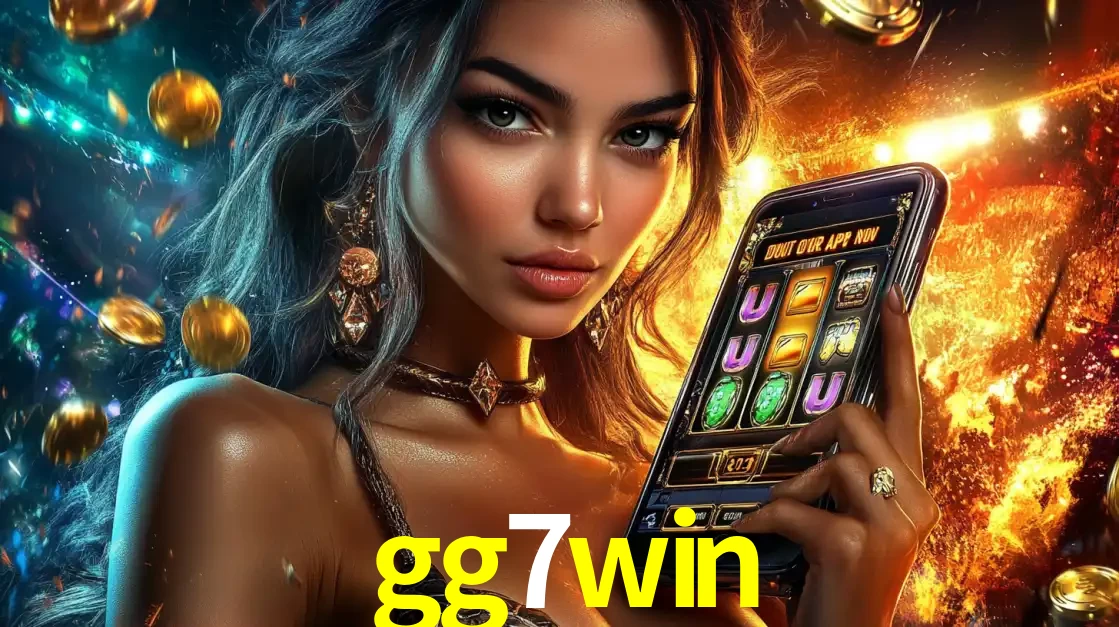 Mulher elegante mostrando um jogo de caça-níqueis em seu smartphone, destacando a experiência de cassino móvel oferecida pelo aplicativo gg7win.